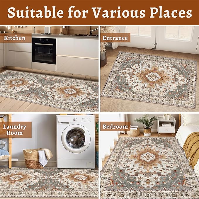 Tangsoo Area Rug 3x5 Bedroom Rug, Washable Vintage Rugs Indoor, Non Slip Accent, Print Distressed Turmeric Carpet, Soft Low Pile Rug for Living Room Dorm Bedroom Bedside Entryway Bathroom