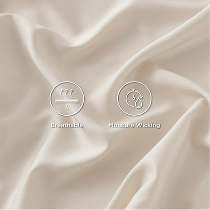 Bedsure Queen Sheet Set, Rayon Derived from Bamboo, Cooling Sheets, Breathable & Soft, Deep Pocket Up to 16", Hotel Luxury Silky Bedding for Hot Sleepers, Light Beige
