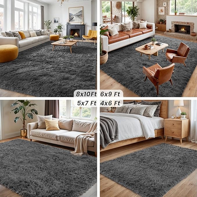 8x10 Area Rugs for Living Room: Ultra Soft Fluffy Shag Grey Rugs for Bedroom, Non-Slip Large Fuzzy Plush Rug Indoor Floor Carpet for Nursery Kids Boys Girls Room, Dorms, Playroom, Modern Home Decor