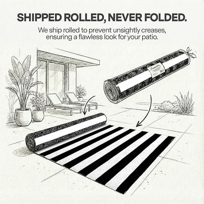 FH Home Outdoor Rug - Waterproof, Fade Resistant, Reversible - Premium Recycled Plastic - Striped - Large Patio, Deck, Sunroom, Camping, RV - Brittany Stripe - Black & White Crease Free - 5 x 8 ft