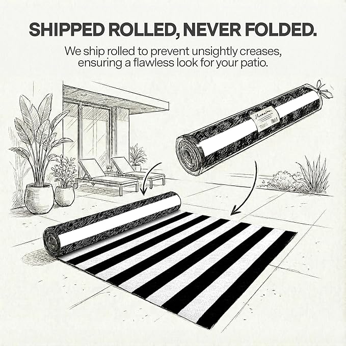 FH Home Outdoor Rug - Waterproof, Fade Resistant, Reversible - Premium Recycled Plastic - Striped - Patio, Deck, Porch, Balcony, Laundry Room - Brittany Stripe - Black & White Crease Free - 4 x 6 ft