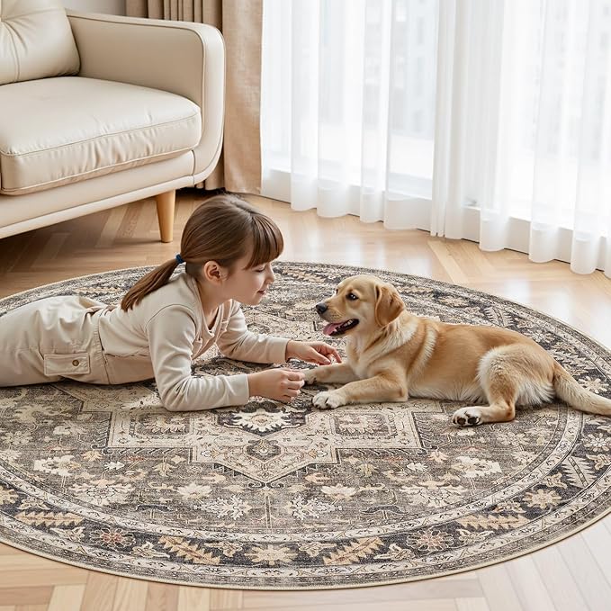 5ft Round Vintage Living Room Area Rug - 5x5 Large Soft Washable Oriental Traditional Distressed Farmhouse Rugs for Bedroom - Indoor Floor Accent Carpet for Home Office House Decor - Brown