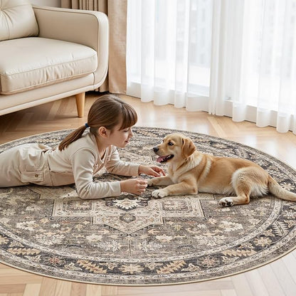 5ft Round Vintage Living Room Area Rug - 5x5 Large Soft Washable Oriental Traditional Distressed Farmhouse Rugs for Bedroom - Indoor Floor Accent Carpet for Home Office House Decor - Brown