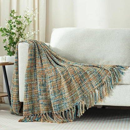 Multi-Color Gold Green Cable Knitted Throw Blanket for Couch,60"X80" Boho Style Textured Blankets for Home Decor,Super Soft Warm Cozy Chunky Knit Blanket with Decorative Tassels for Bed