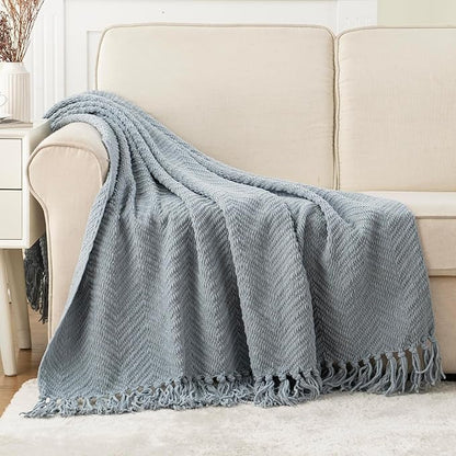 BATTILO HOME Bluish Grey Chenille Throw Blanket for Couch, Knit Throw Blanket,Super Soft Warm Home Decor Throw Blanket with Tassels for Bed,Sofa and Living Room,50" x 60"