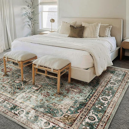 6'x9' Green Washable Area Rug Boho Chic Medallion Distressed Design Non-Shedding Easy Care Ideal for High Traffic Areas in Living Room Bedroom Office Kitchen Coffee Table Large Carpet