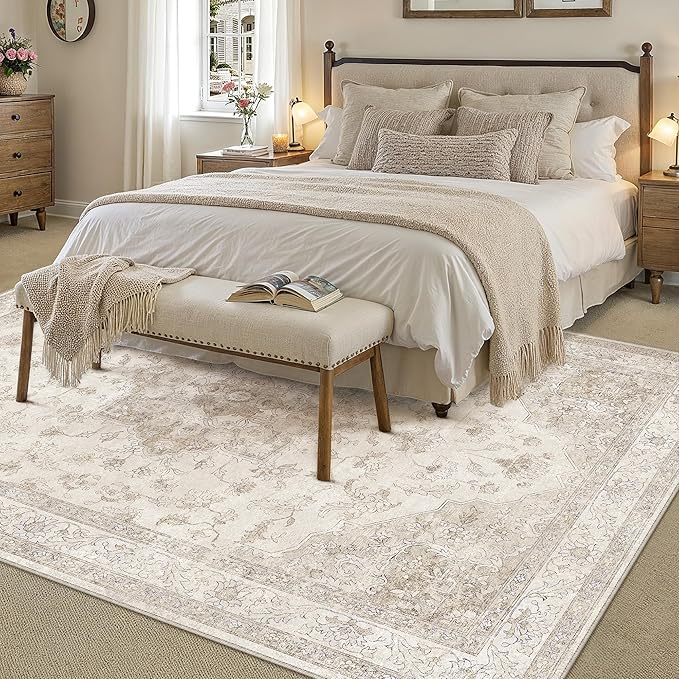 Beige Area Rug 5x8 Washable Living Room Carpet Vintage Non Slip Soft Bedroom Indoor Office Retro Low Pile Thin Oriental Medallion Large Rug for Dining Room Bathroom Kitchen