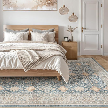 Vintage Living Room Area Rug 10x14 - Large Soft Washable Oriental Traditional Distressed Farmhouse Rugs for Bedroom - Indoor Floor Accent Carpet for Home Office House Decor - Dark Blue