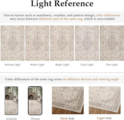 Beige Area Rug 3x4 Washable Office Entryway Vintage Carpet Low Pile Non Slip Distressed Door Mat Soft Traditional Retro Oriental Small Accent Throw Rug Kitchen Bedroom Bathroom Dining Room
