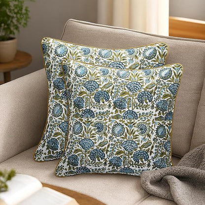 SheetKart Pure Cotton Throw Pillow Covers - Set of 2 - Hand Block Pure Cotton Printed Boho Decorative Pillow Covers - Cushion Covers for Living Room, Bohemian Theme, 20 x 20 Inches, Midnight Olive