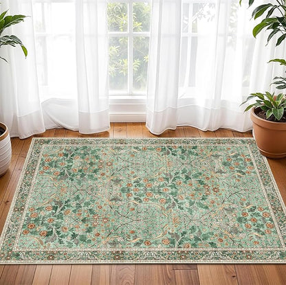 MUJOO 2x3 Washable Rug,Green Floral Small Area Rugs for Bathroom Entryway Entry Bedroom Bedside,Boho Front Door Mat Indoor Entrance Throw Carpet Botanical Vintage Non Slip Ultra-Thin