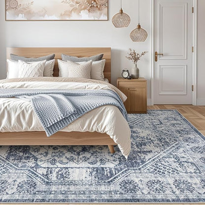 Vintage Living Room Area Rug 9x12 - Large Soft Washable Oriental Traditional Distressed Farmhouse Rugs for Bedroom - Indoor Floor Accent Carpet for Home Office House Decor - Distressed Blue