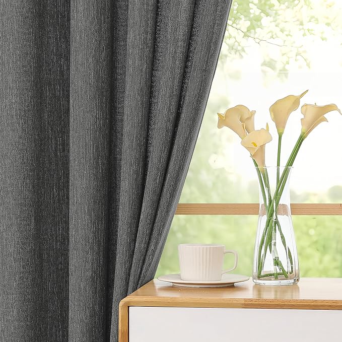 Simplebrand Grey Faux Linen Textured Curtains 63 Inch Length 2 Panels for Bedroom, Semi Sheer Light Filtering Privacy Farmhouse Curtains, Soft Thick Rod Pocket Window Drapes, 40W x 63L Inch