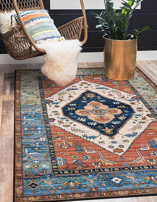 Lahome Boho Machine Washable Rugs - 5x7 Area Rugs for Living Room Non-Slip Oriental Throw Bedroom Rug Ultra-Thin Large Office Dining Room Rug Accent Floor Carpet for Kitchen Laundry Room