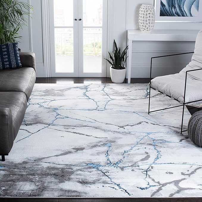 SAFAVIEH Craft Collection Area Rug - 6'7" Square, Ivory Grey & Blue, Modern Abstract Design, Non-Shedding & Easy Care, Ideal for High Traffic Areas in Living Room, Bedroom (CFT877M)