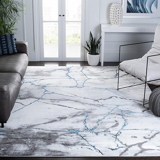 SAFAVIEH Craft Collection Area Rug - 6'7" Square, Ivory Grey & Blue, Modern Abstract Design, Non-Shedding & Easy Care, Ideal for High Traffic Areas in Living Room, Bedroom (CFT877M)