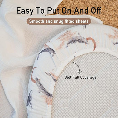 Gllquen Baby Muslin Bassinet Sheets 3 Pack, Breathable Elastic Cozy Fitted Cotton Bassinet Mattress Sheet for Baby Boy Girls, Fit for Hourglass Oval Rectangular Cradle Pad Sheets 33"x17" (Whale)