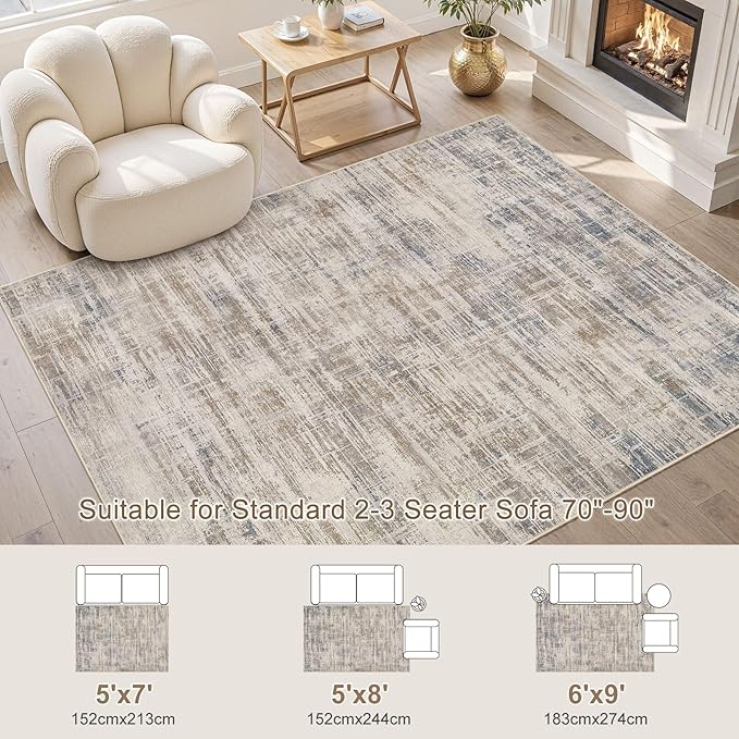 Area Rug for Living Room: 5x7 Washable Neutral Abstract Modern Soft Rugs Non Slip Indoor Floor Stain Resistant Carpet for Bedroom Dining Room Office Nursery - Brown