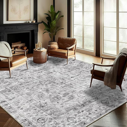 Washable Area Rug 8'x10' Retro Boho Design Non-Shedding Non-Slip Easy Care Ideal for High Traffic Areas in Living Room Bedroom Office Coffee Table Kitchen Large Carpet