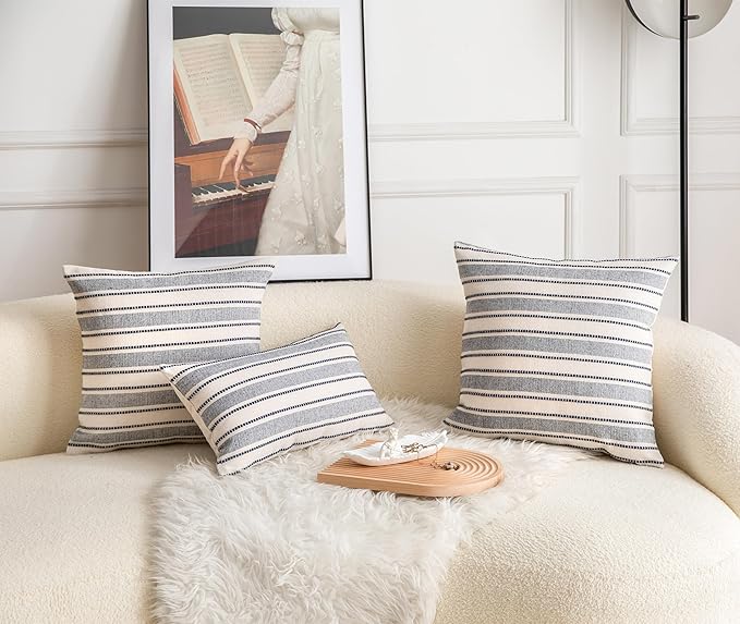 Decorative Boho Throw Pillow Covers, Farmhouse Textured Pillow Case, 18 x 18 Inch Set of 2, Chair Sofa Bedroom Living Room Decor Couch Cushion Case, Navy Blue and Beige Striped