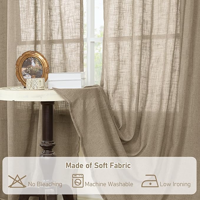 LAMIT Taupe Linen Curtains for Living Room, 84 inch Length Light Filtering Semi Sheer Drapes Back Tab and Rod Pocket Boho Farmhouse Panels for Bedroom, 2 Panels, 34 x 84 Inch