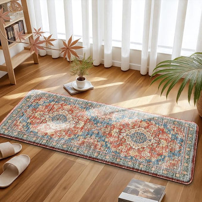 Boho Kitchen Mats for Floor 2 Piece Set Anti Fatigue Cushioned PVC Kitchen Rugs Non Slip Waterproof Farmhouse Mats 2/5 Inch Comfort Standing Mat for Sink, Laundry, 17.3"x59"+17.3"x28", Retro Red