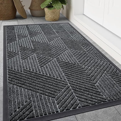 Smiry Front Door Mat Outside Entrance, Heavy Duty Sturdy Natural Rubber Doormat, Trap Dirt and Moisture, Easy Clean Low Profile Mats for Indoor Outdoor Entry, Irregular Triangle (59x35, Grey)