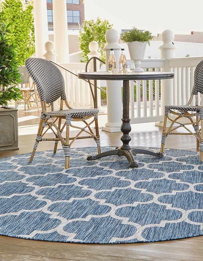 Unique Loom Trellis Collection Area Rug-Lattice Design, Moroccan Inspired for Indoor/Outdoor Décor, 7' 10" x 7' 10" Round, Navy Blue/Gray