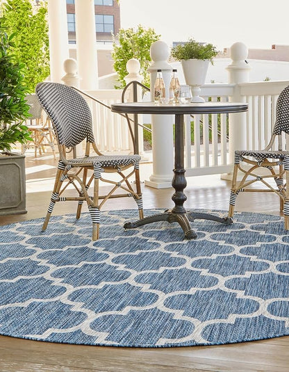 Unique Loom Trellis Collection Area Rug-Lattice Design, Moroccan Inspired for Indoor/Outdoor Décor, 7' 10" x 7' 10" Round, Navy Blue/Gray