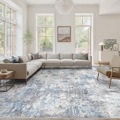 Washable 9X12 Area Rug: Modern Abstract Soft Non-Slip Indoor Rugs Home Decor - Low Pile Stain Resistant Carpet for Living Room Bedroom Dining Room Playroom Office(Blue Grey,9'x12')