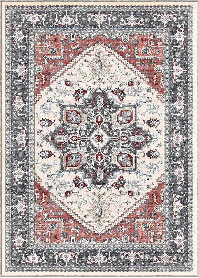 OPPODREAM Thin Area Rugs 3x5, Washable Rugs with Non Slip Backing, Low-Pile Throw 3x5 Carpet, Faux Cashmere 3 x 5 Carpet, Black & Red
