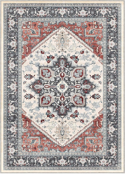 OPPODREAM Thin 6x9 Area Rugs, Washable Rug 6x9 with Non Slip Backing, Faux Cashmere Low-Pile 6 x 9 Carpet, Black & Red