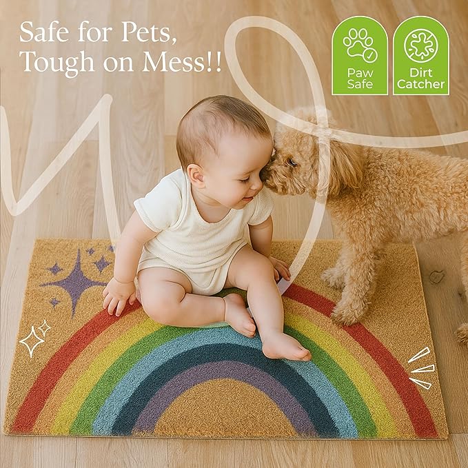 Coir Door Mats 17" X 30", Non-Slip Sturdy, PVC Backed Heavy Duty, Easy to Clean, Ideal for Door Entrance, Patio, Porch, Backyard, Garages, Sparkle of Rainbows