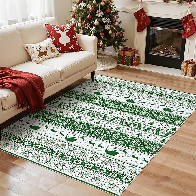 Abstract Living Room Rug 5X7 - Modern Washable Christmas Soft Thin Area Rug for Living Room Bedroom Under Dining Table - Neutral Indoor Floor Rug Carpets for Home Office Playroom Nursery - Green White