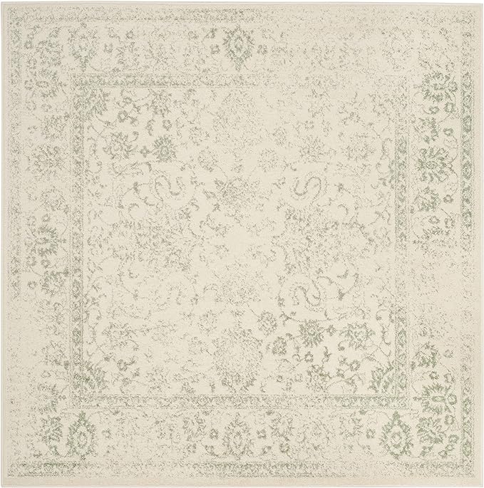 SAFAVIEH Adirondack Collection Area Rug - 4' Square, Ivory & Sage, Distressed Vintage Floral Design, Non-Shedding & Easy to Clean, Ideal for Living Room, Bedroom, Dining Space (ADR109V)