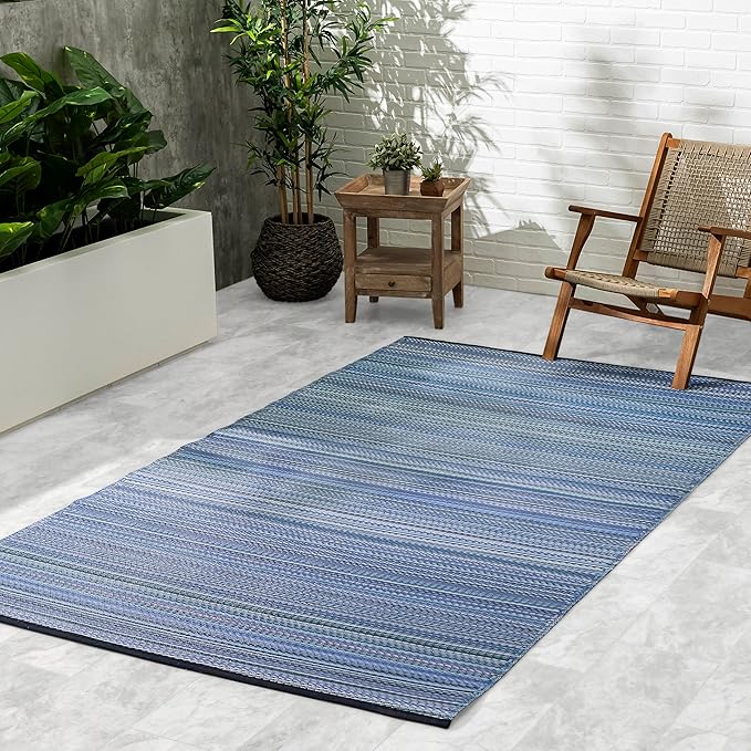Fab Habitat Outdoor Rug - Waterproof, Fade Resistant, Crease-Free - Premium Recycled Plastic - Striped - Porch, Deck, Balcony, Mudroom, Laundry Room, Patio - Cancun - Indigo - 3 x 5 ft
