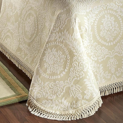 Timeless Vintage Style Bedding with Fringe Edges | Neutral Sage and Ecru | Textured Matelasse Rose Medallions and Leaves | 5-Pc Lightweight Bed Set: Oversized Full Bedspread & 4 Standard Pillow Shams