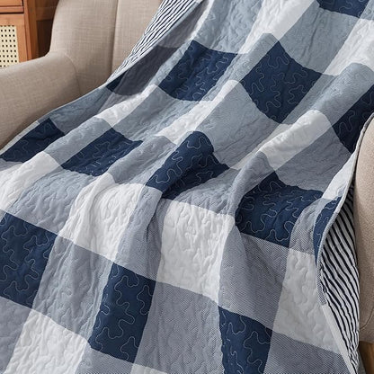 Soul & Lane Checks and Stripes 50" x 60" Blue Buffalo Check Throw: Lap Quilted Blanket, Blue and White Lightweight Couch Quilt, Checkered Coverlet, Plaid Winter Outdoor Quilted Throw Blanket