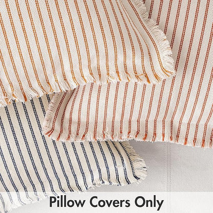 MIULEE Pack of 2 Navy Blue Pillow Covers 22x22 Inch Striped Farmhouse Couch Throw Pillow Covers with Fringe Chic Linen Decorative Cushion Covers for Sofa Living Room Bed Outdoor Home Decor