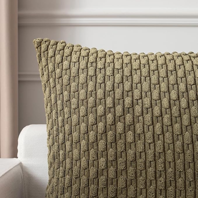 Kevin Textile 12x24 Inch Pillow Cover 1 Pack Boho Decorative Soft Striped Corduroy Lumbar Farmhouse Color Accent Rectangle Cushion Case for Living Room Couch Sofa Bed, Olive Green