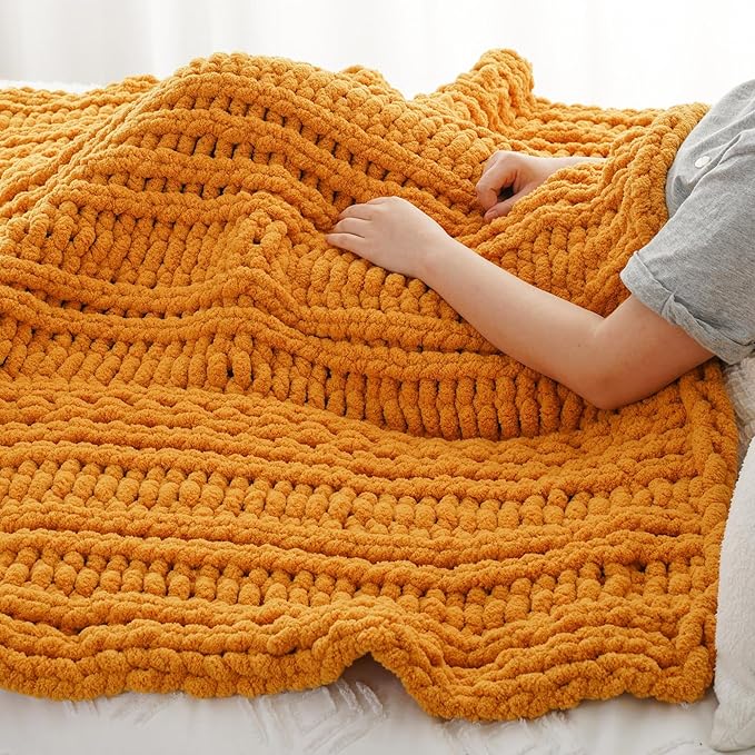 Battilo Mustard Yellow Throw Blanket for Couch, Chunky Knit Throw Blanket, 50"x60", Gold Fall Throw, Super Soft Cozy Warm Chenille Knit Blankets for Bed, Sofa, Living Room