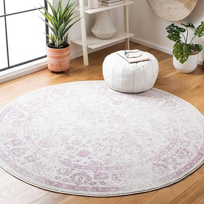 SAFAVIEH Adirondack Collection Area Rug - 6' Round, Ivory & Lavender, Distressed Vintage Floral Design, Non-Shedding & Easy to Clean, Ideal for Living Room, Bedroom, Dining Space (ADR109U)