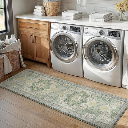 GENIMO Kitchen Mats for Floor 2PCs, Washable Anti Fatigue Mat for Cushioned, 17.3"x59"+17.3"x30", Waterproof Kitchen Rugs, Non Slip Comfort Standing Mat Rug for Home, Sink, Laundry, Light Green
