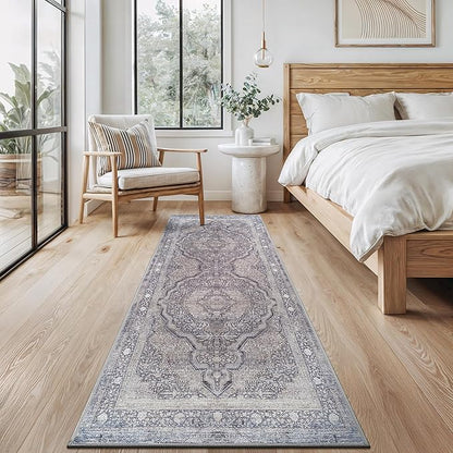 Bloom Rugs Washable Non-Slip 12 ft Runner - Blue/Steel Gray/Beige Traditional Medallion Runner for Entryway, Hallway, Bathroom, and Kitchen - Exact Size: 2.5' x 12'