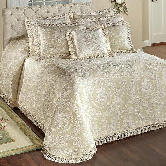 Timeless Vintage Style Bedding with Fringe Edges | Neutral Sage and Ecru | Textured Matelasse Rose Medallions and Leaves | 3 Piece Lightweight Bed Set: Oversized King Bedspread & 2 King Pillow Shams