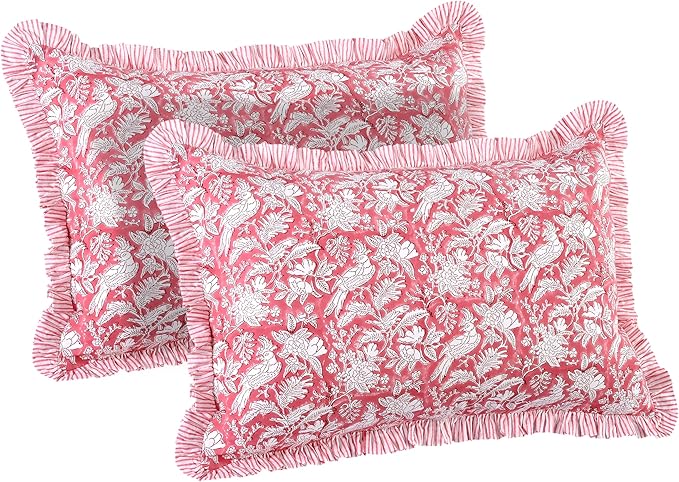 CPC Ruby Red 100% Cotton Block Print Ruffle Sham Cover 20X30 inch Pack of 2, Handmade Boho Floral Pillowcase, Soft Decorative Queen Bed Pillow Cover for Bedroom Décor