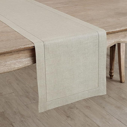 Solino Home Linen Natural Table Runner 90 Inches Long - 100% Pure Linen Hemstitch 14 x 90 Inch Table Runner for Dining, Christmas, New Year - Classic Hemstitch