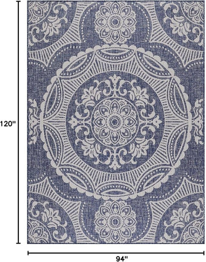 Medallion Outdoor Rug 8x10 Washable Outside Carpet for Indoor Patio Porch Waterproof Easy Cleaning Non Shedding Area Rugs Blue 8 x 10