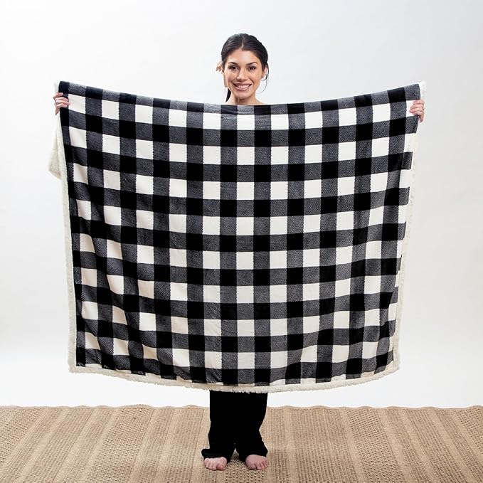 CARSTENS, INC. Ultra Premium Super Soft Plush Sherpa Fleece Oversized Throw Blanket 54" x 68", Black & White Buffalo Plaid