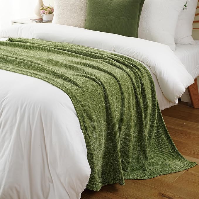 BATTILO HOME Chenille Knitted Throw Blanket for Couch, Spring Summer Green Throw Blanket for Home Decor, Decorative Cozy Soft Moss Green Blankets for Bed Sofa Couch Living Room, 51"x67"